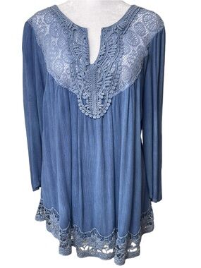 Chic Luxe Rayon Gauze Boho Tunic Top 3/4 Sleeve Crochet Lace Trim Blue M/L